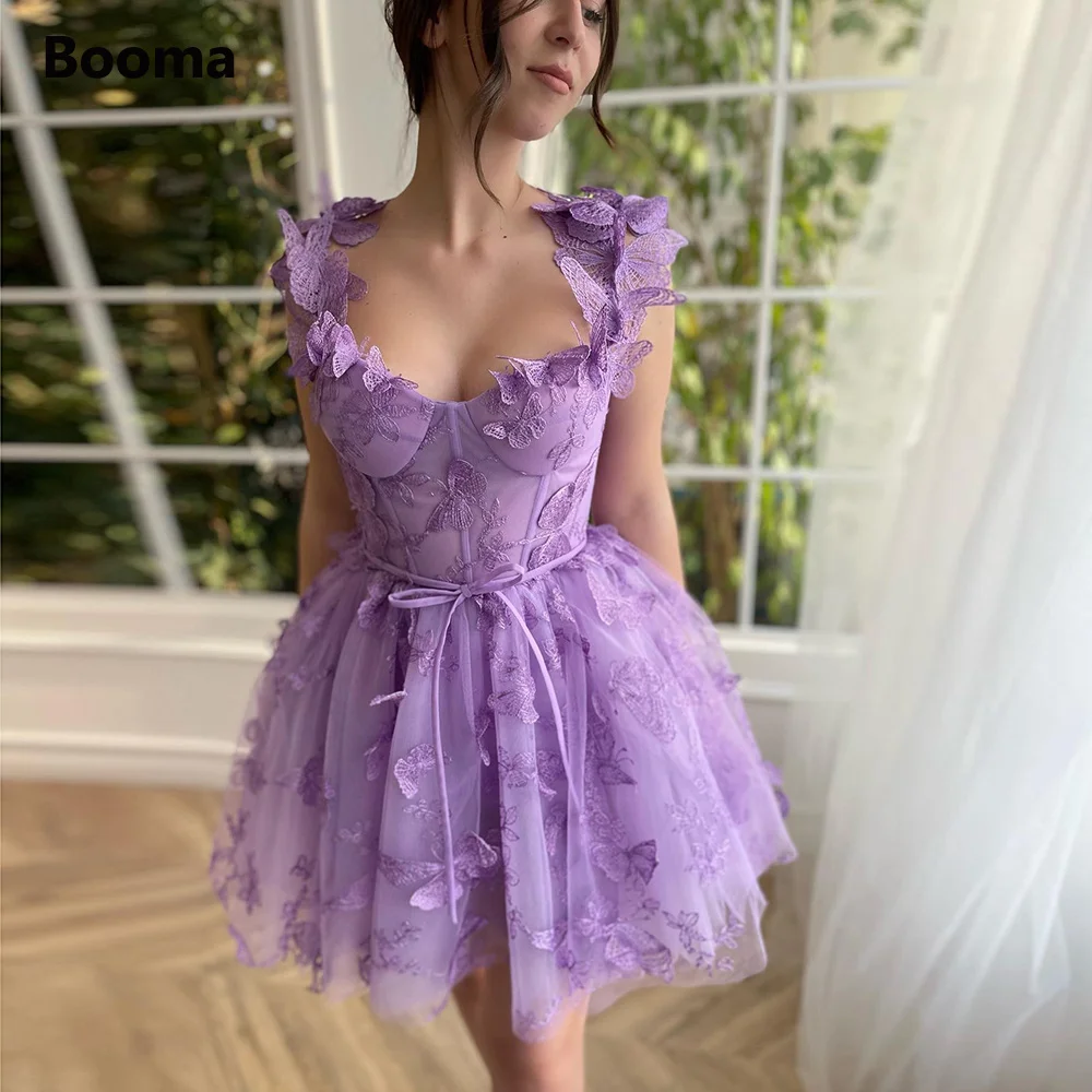 

Booma Lavender Butterfly Lace Mini Prom Dresses Sweetheart Sleeveless Above Knee A-Line Homecoming Dresses Short Party Gowns