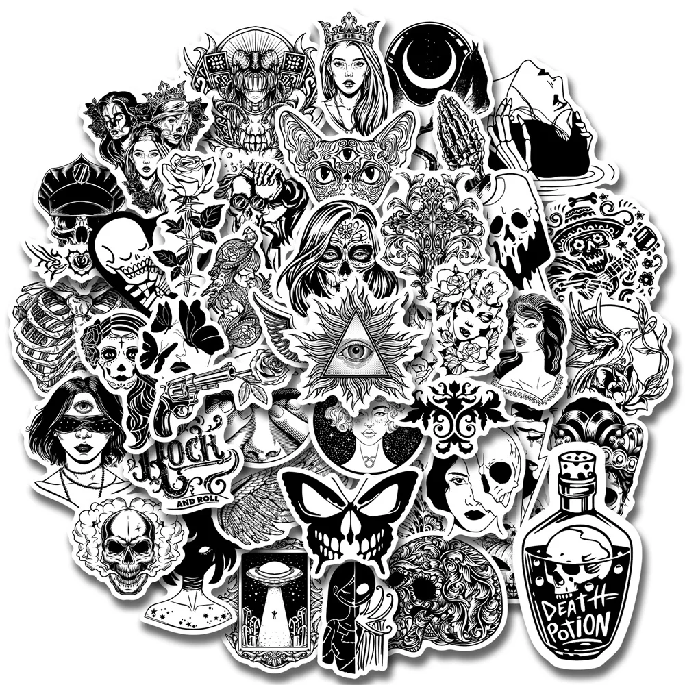 

10/30/50PCS Black and White Gothic Horror Style Stickers for Luggage Journal Laptop IPad Skateboard Waterproof Sticker Wholesale
