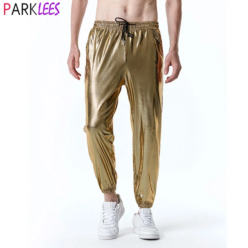 

Shiny Gold Metallic Striped Jogger Sweatpants Men Hip Hop Casual Dance Streetwear Pants Mens 70s Disco Party Stage Trousers Male