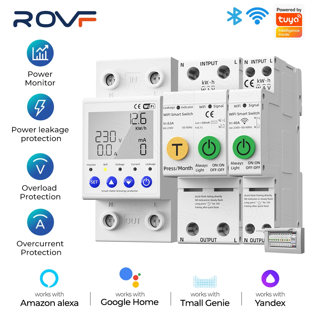 

ROVF 40/63A WIFI Smart Switch TUYA Energy Meter Kwh Metering Circuit Breaker Timer with voltage current and leakage protection