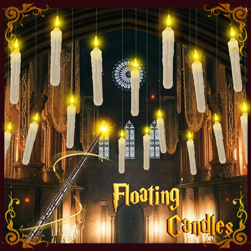 

Christmas Flameless Floating Candle With Wand Magic Remote Control LED Flickering Hanging Candles Battery Operated Window Candle