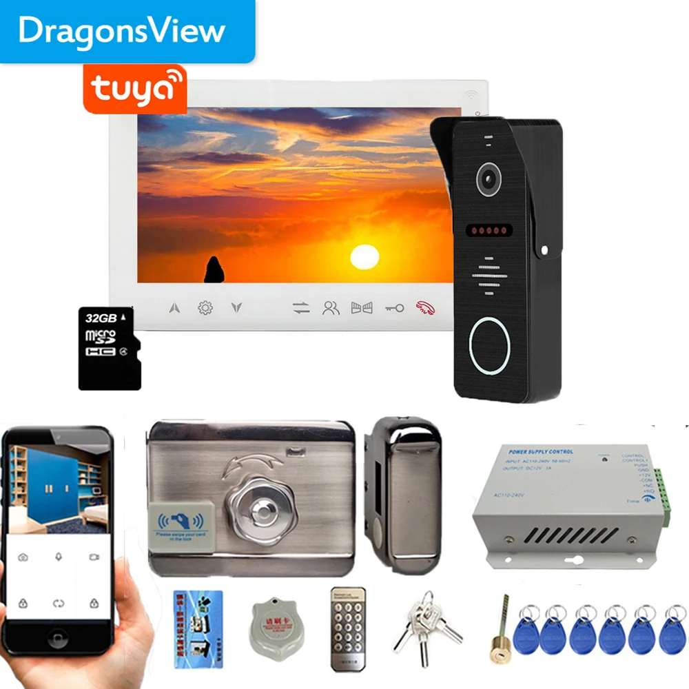 Скидка Видеодомофон Dragonsview Tuya беспроводной с электронным замком, дверной видеозвонок с Wi-Fi и RFID-паролем для умного дома