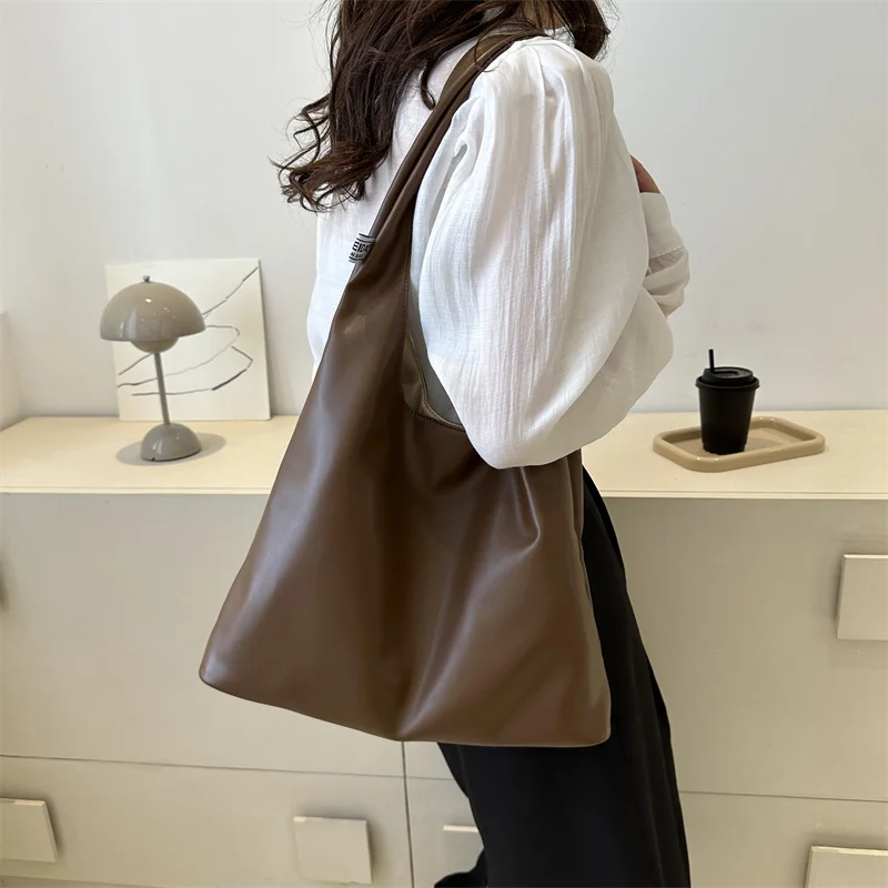 

Vintage Large Capacity Soft Leather Shoulder Bag for Women Solid Casual Tote Sac Designer Handbags Female Simple Top-Handle Bags