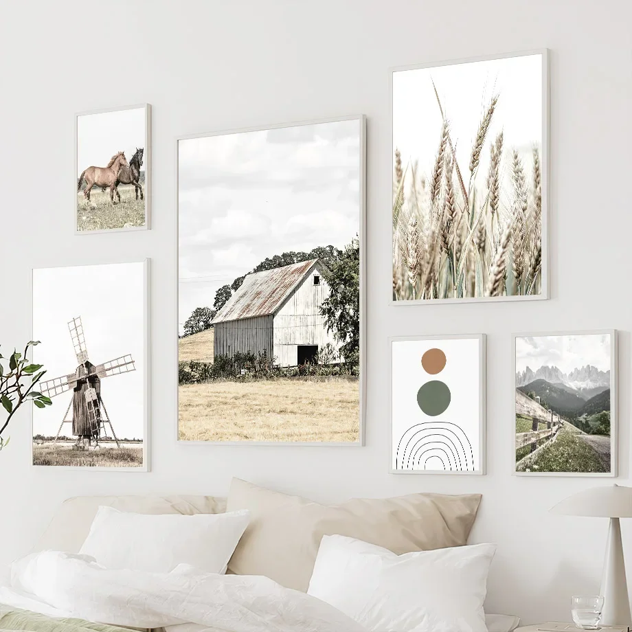 Windmill Farm Montain Horse Geometric Abstract Living Room Decor Poster And Print Wall Art Canvas Painting Home Pictures