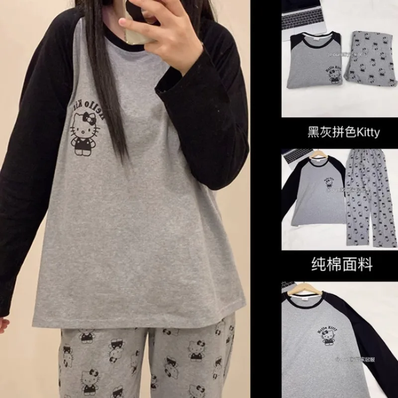 

New Casual Hello Kitty Spring Autumn Long Sleeved Pajamas Set Black Gray Color Long Pajamas Suit Winter Warm Homewear Pajamas