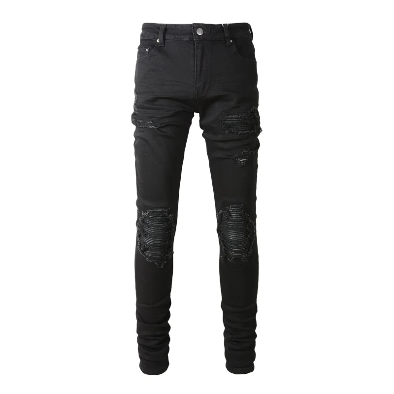 Street Fashion Men Jeans Black Color Elastic Stretch Slim Fit Ripped Jeans Men Leather Patch Designer Hip Hop Brand Pants Hombre