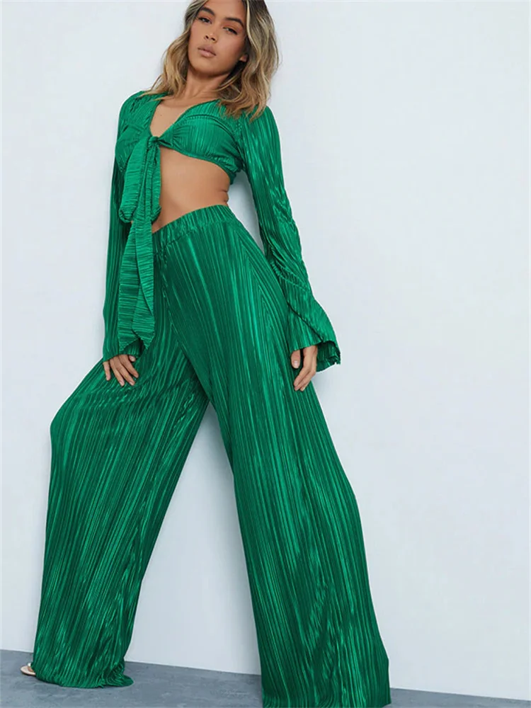 

CHRONSTYLE Women Two-piece Ruched Suit Solid Color Deep V-neck Front Tie-up Shirts Exposed Navel Crop Tops Straight-leg Trousers