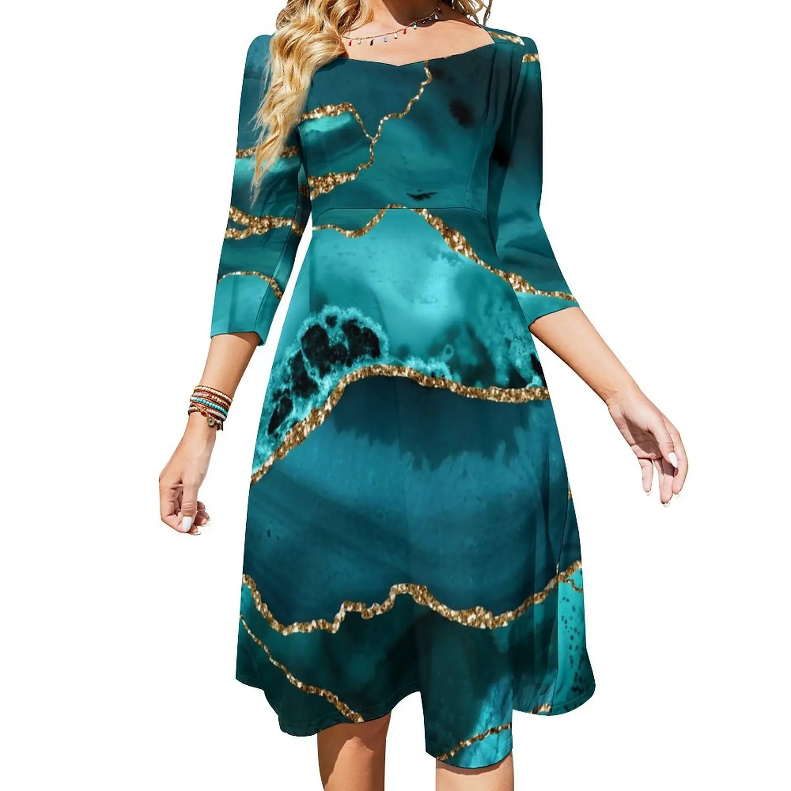 

Teal Blue Marble Dress Summer Gold Glitter Print Beach Dresses Women Three Quarter Stylish Pattern Big Size Casual Dress