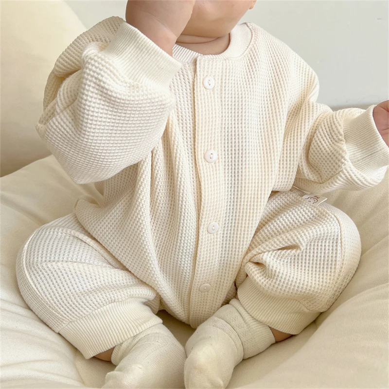 2023 New Newborn Baby Boy Waffle Jumpsuit Spring Autumn Girl Solid Bodysuit for Infants Cotton Casual Kids Clothes Boys Costumes