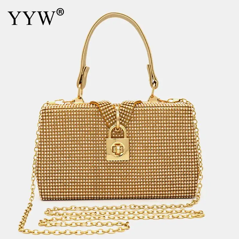 Luxury Rhinestone Women Clutch Bag Box with PU Leather Handle Interlocking Clasp Diamond Bucket Handbag Lady Daily Tote Purse