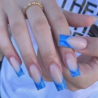 24pcs false nails blue smudge marine french edge premium fake nail tips full cover acrylic for girls fingernails