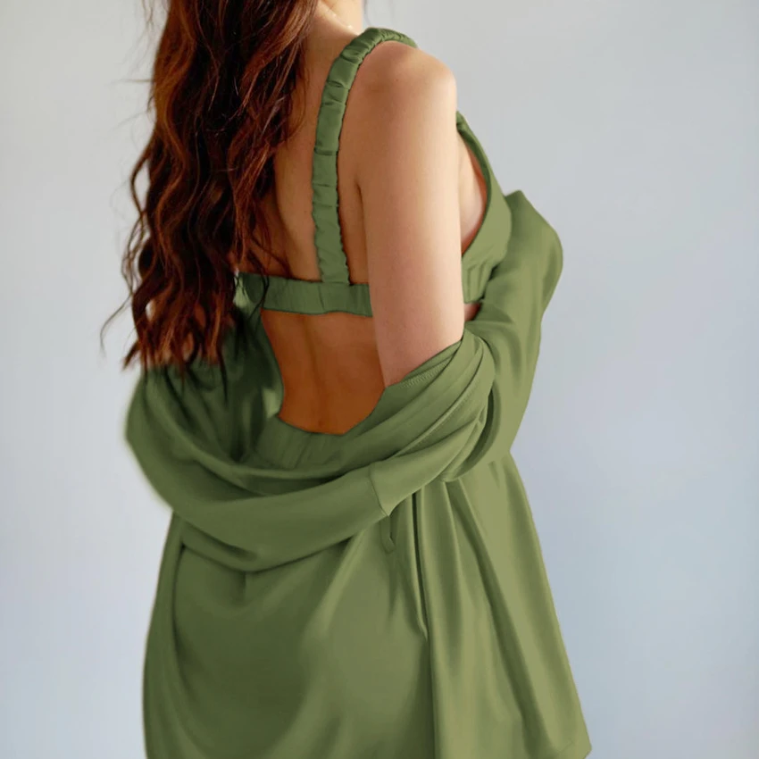 Women Imitation Silk Pajamas Set Three-piece Set Long-sleeved Top + Wrap Chest + Trousers Female Sexy Pajamas Loose Home Wear