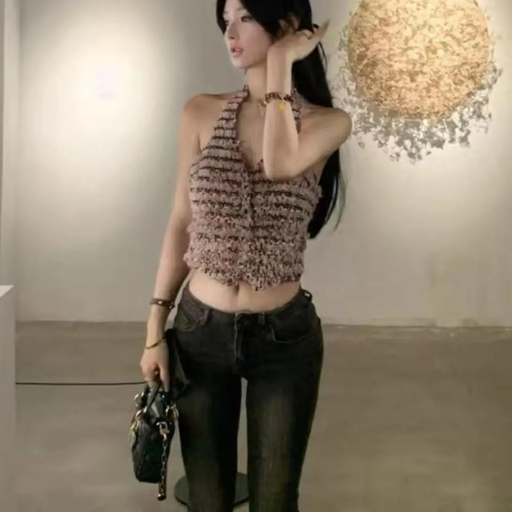 Пикантный женский розовый твидовый тканый жилет на бретельках без рукавов