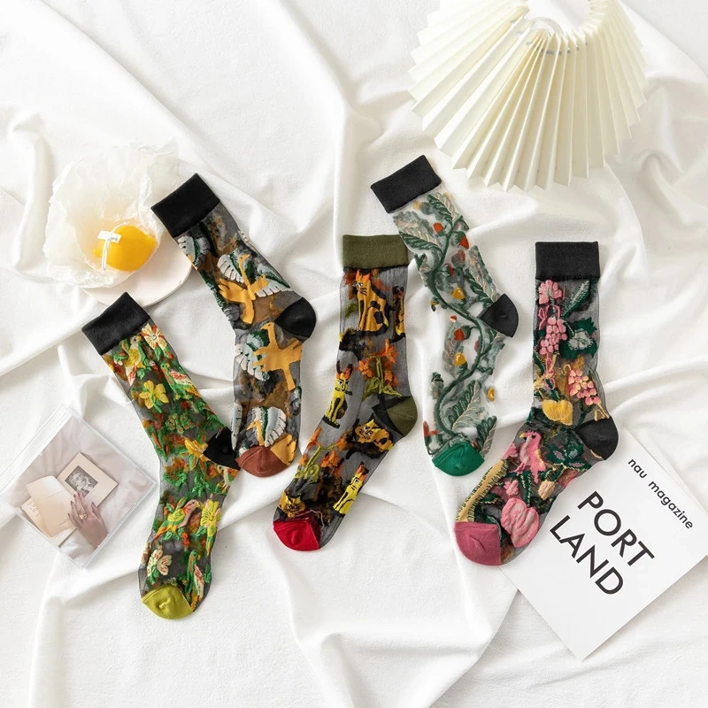 Summer New Fashion High Quality Creative Transparent Tide Socks Sunflowers Vines Flowers Animal Fruit Glass Silk Women Socks