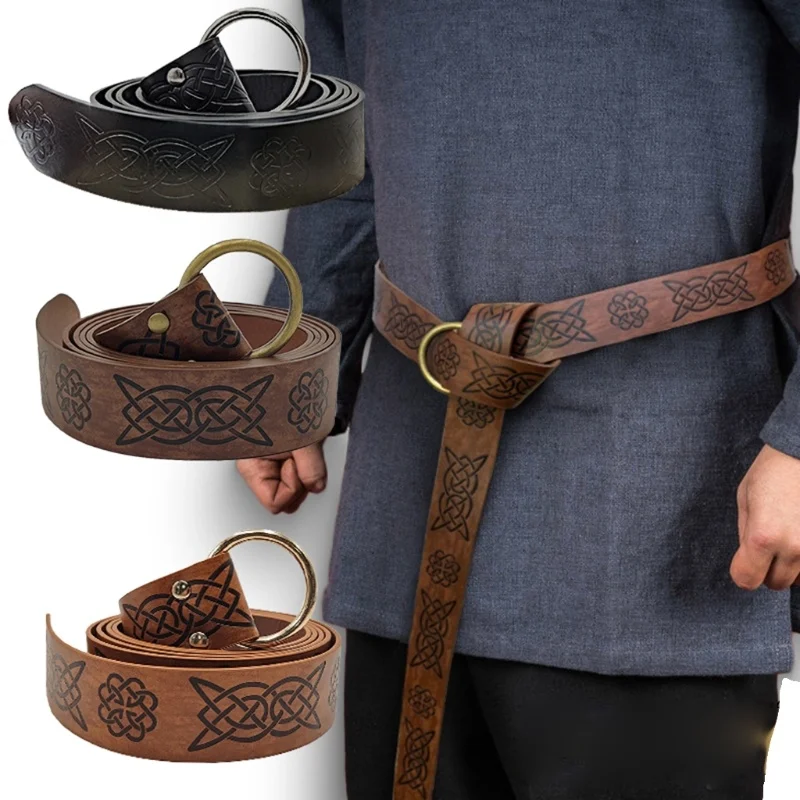 Retro Leater Belt Medieval Embossed Vikin Vevisir PU Leater O Rin Belt Renaissance Knit Buckles Belt Leater