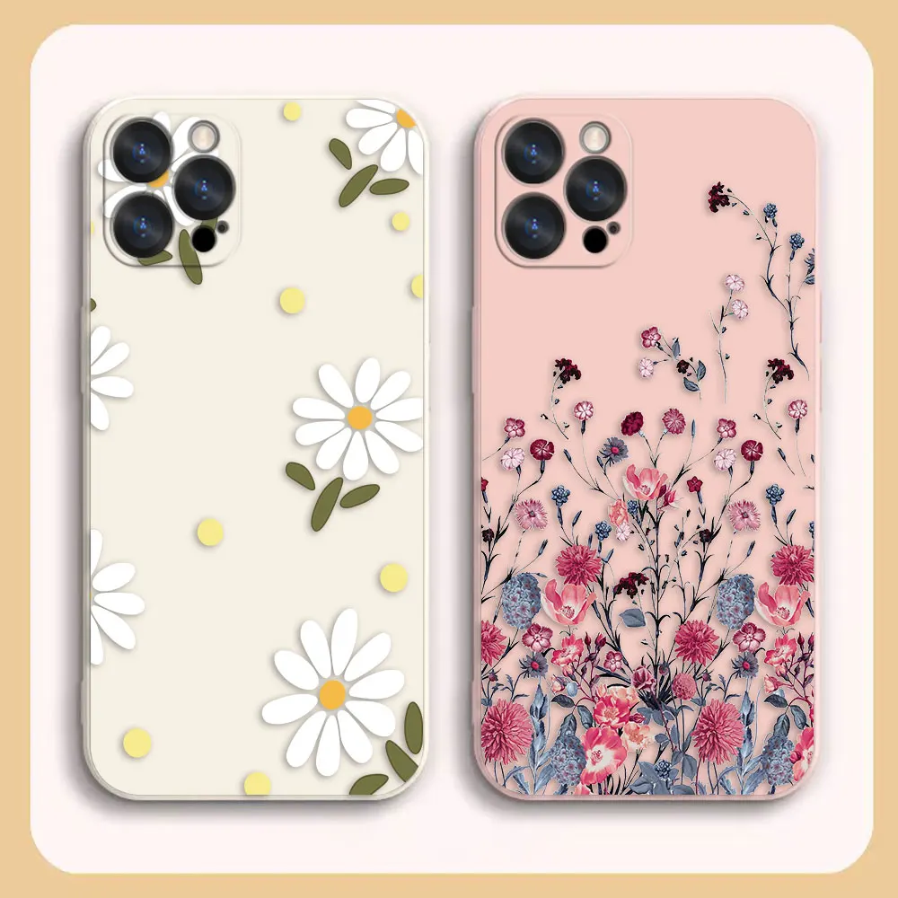 

Case For iPhone 14 13 12 11 Pro XS Max Mini X XR 7 8 6 6S Plus Colour Simple Liquid Silicone Case Pretty Flower