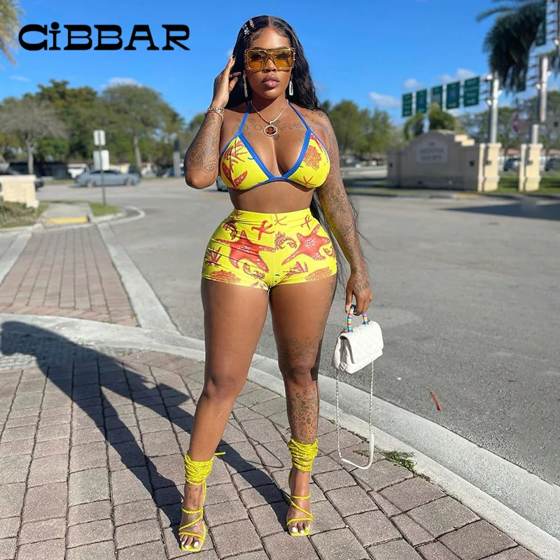 

Уличная одежда CIBBAR, комплекты с мультяшным принтом, летнее бикини на шнуровке с открытой спиной и шорты, костюмы, Клубная одежда, лоскутный к...