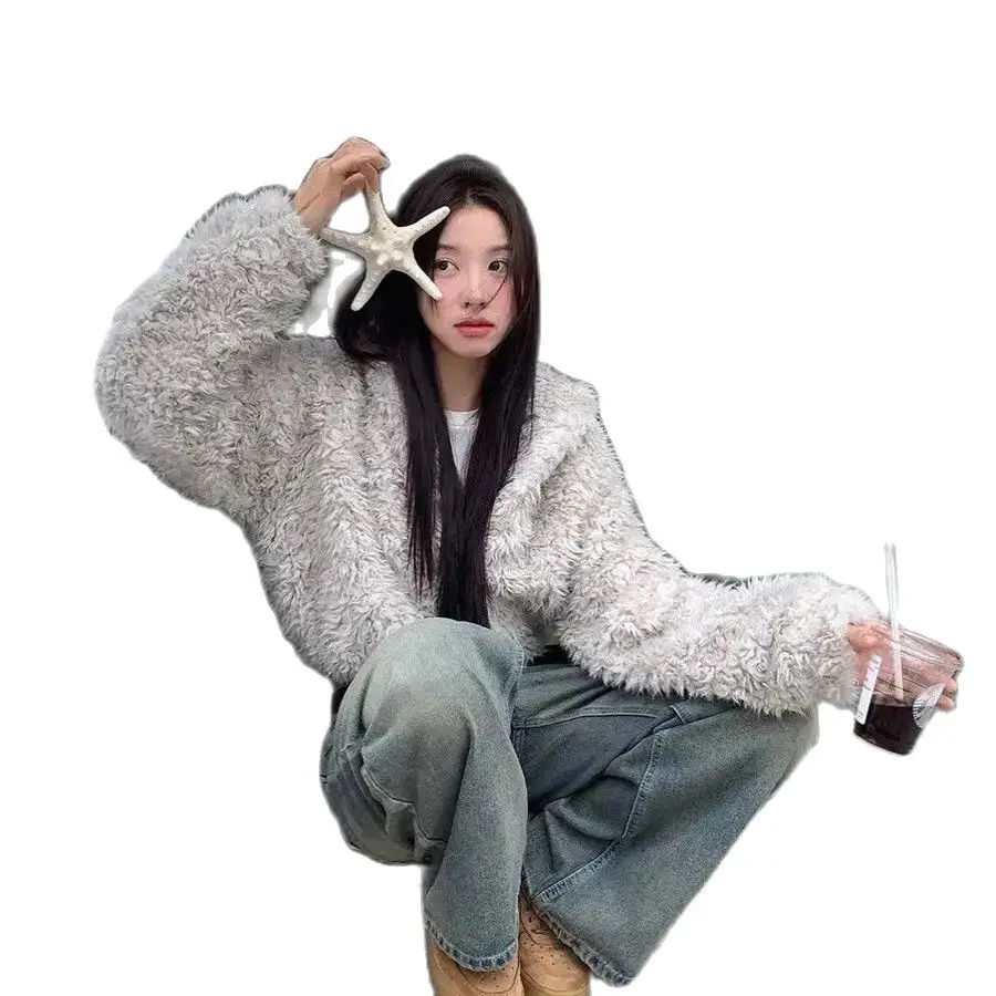 Женское плюшевое пальто на молнии с капюшоном и ушками кролика