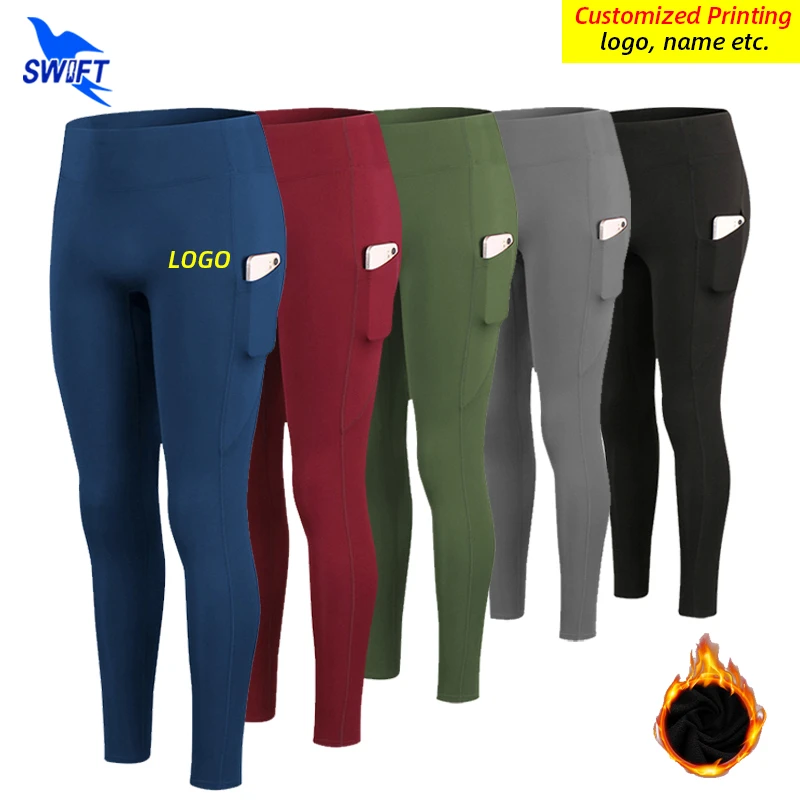 Customize LOGO Women Fleece Leggings High Waist Running Pants with Pocket Stretch Gym Fitness Bottoms Quick Dry Yoga Tights