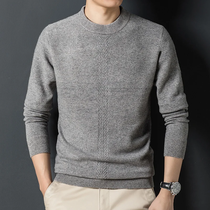 in Men's sweater thickened knitted bottoming shirt autumn and winter, young jacquard 200% pure wool top