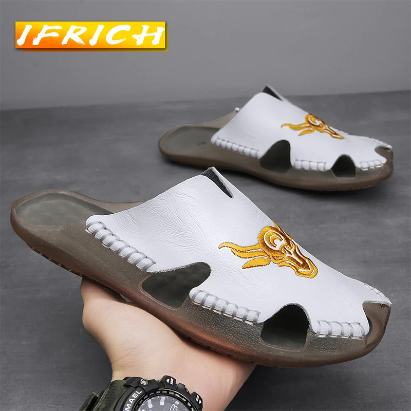 

Summer Man Leather Slippers White Mens Slides Shoe Brand Fashion Beach Slippers For Men Comfortable Wearable Mens Flats Slippers