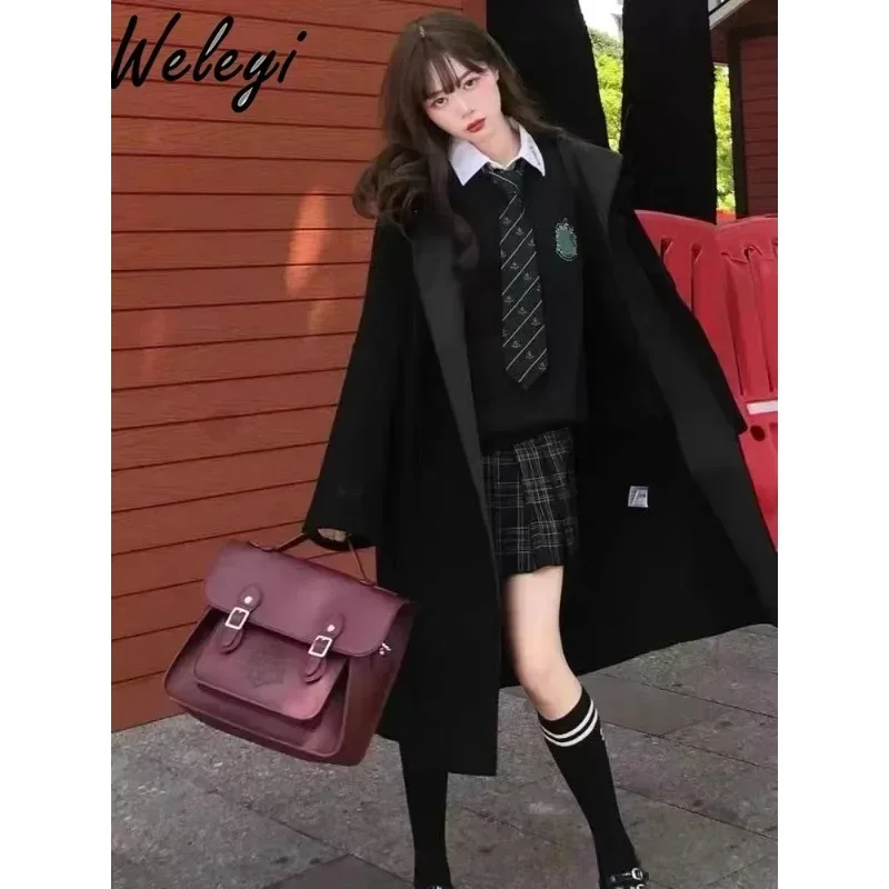 Płaszcz damski wełniany w stylu angielskim 2024 jesienno-zimowy słodki styl College luźna zapinana na jeden guzik wełniana kurtka średniej