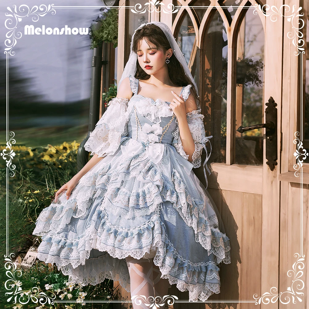 Melonshow Gothic Lolita Dress Blue Sweet Princess Tea Party Wedding Dress Lace Sleeveless Women Kawaii Clothes Victorian Dress