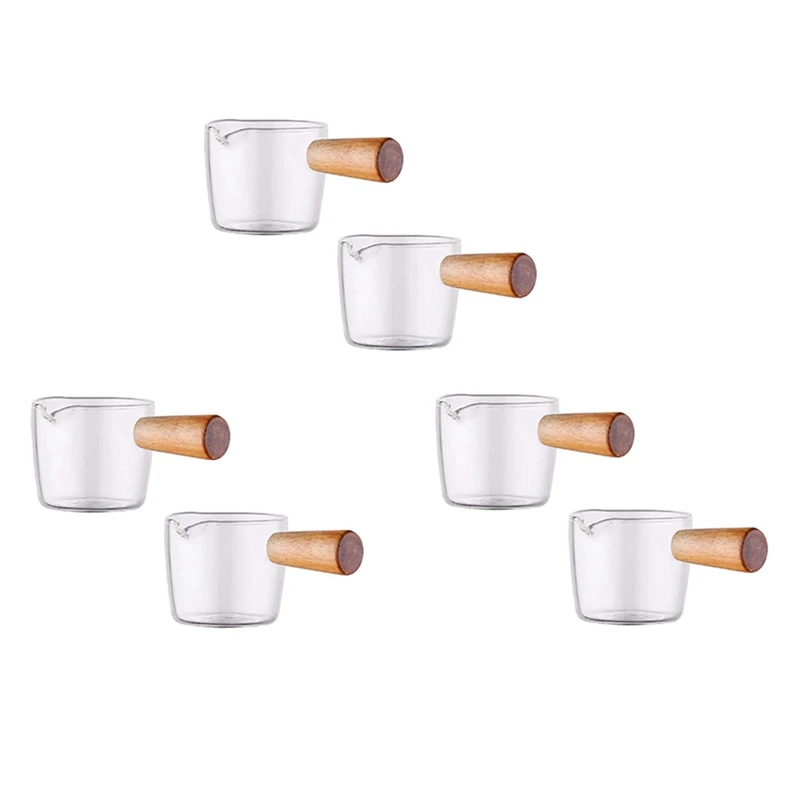 

6PCS Transparent Glass Creamer With Wooden Handle, Mini Coffee Milk Creamer Pitcher. 50Ml