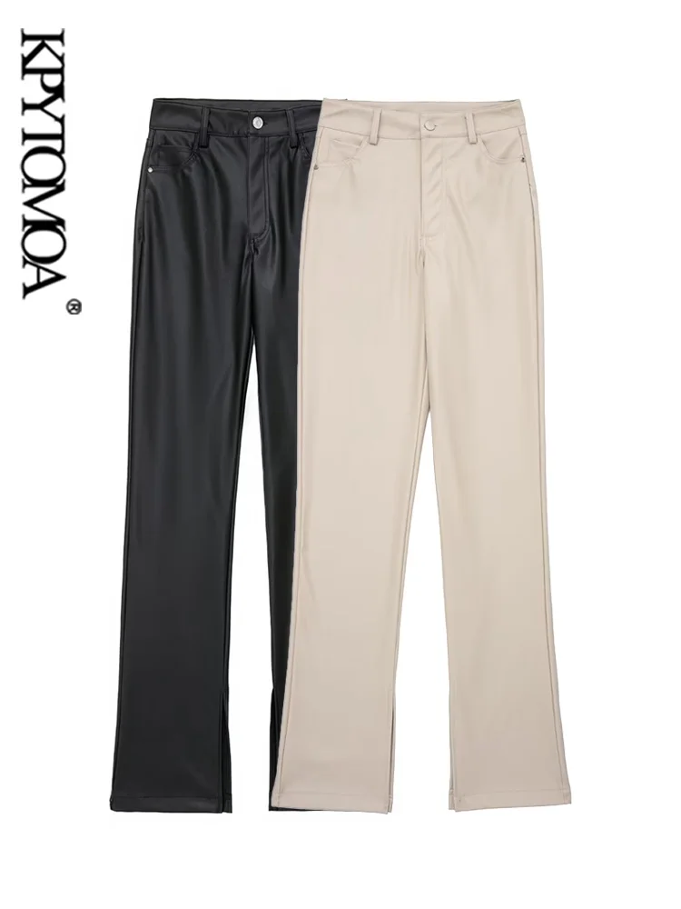 

KPYTOMOA Women Fashion Side Pockets Faux Leather Flared Pants Vintage High Waist Zipper Fly Slit Hem Female Trousers Mujer