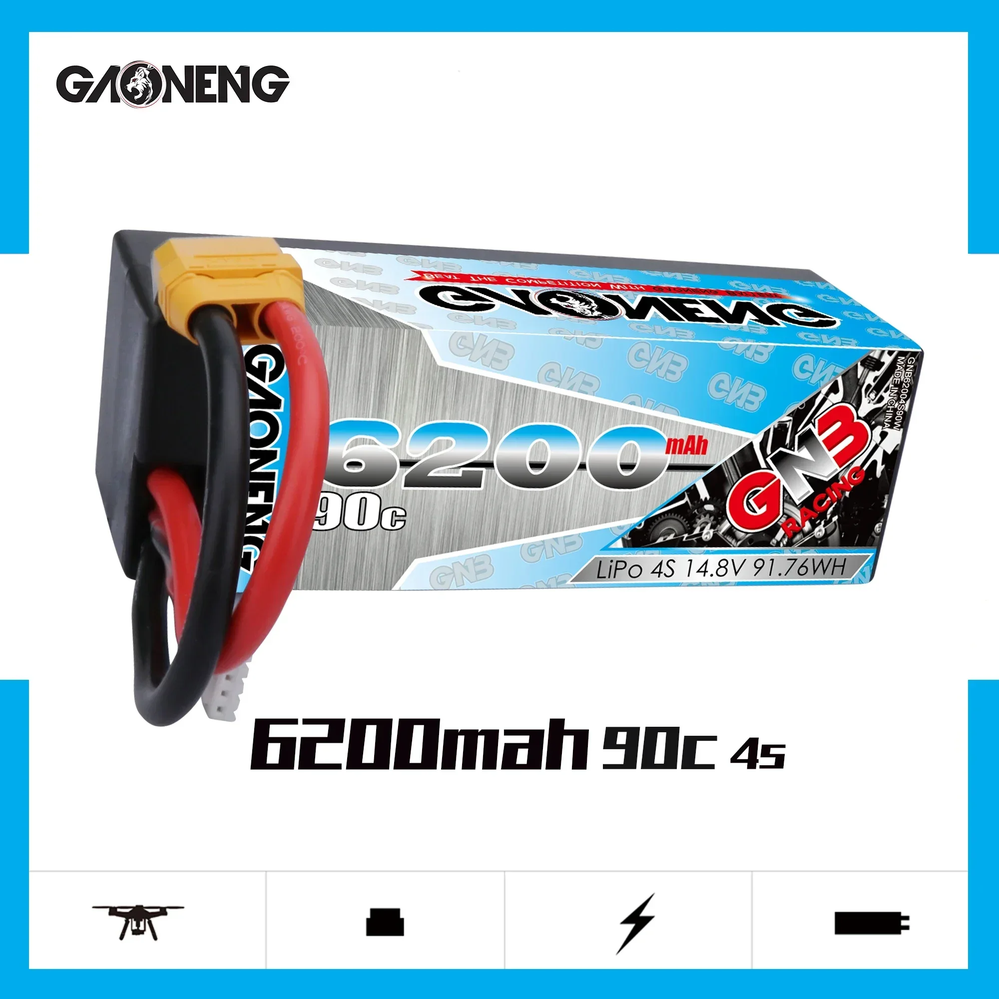 

Gaoneng GNB 6200mAh 4S 14.8V 90C/180C Hardcase LiPo Battery XT90/XT60/Deans Plug For 1:8 1/8 RC Car four drive off-road RC Car