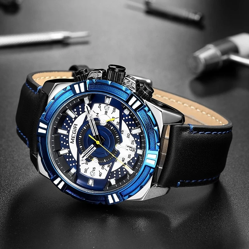 

MEGIR Leather Quartz Watch Sport Mens Watches Top Brand Luxury Causal Luminous Waterproof Chronograph Watch Relogio Masculino