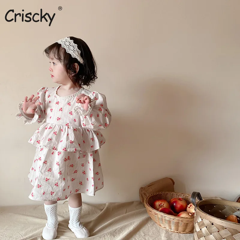 

Criscky 2022 New Girls' Dresses Children's Summer Cotton Floral Printing Dress Baby Kids Clothing Cute Ruffles Midi Dress