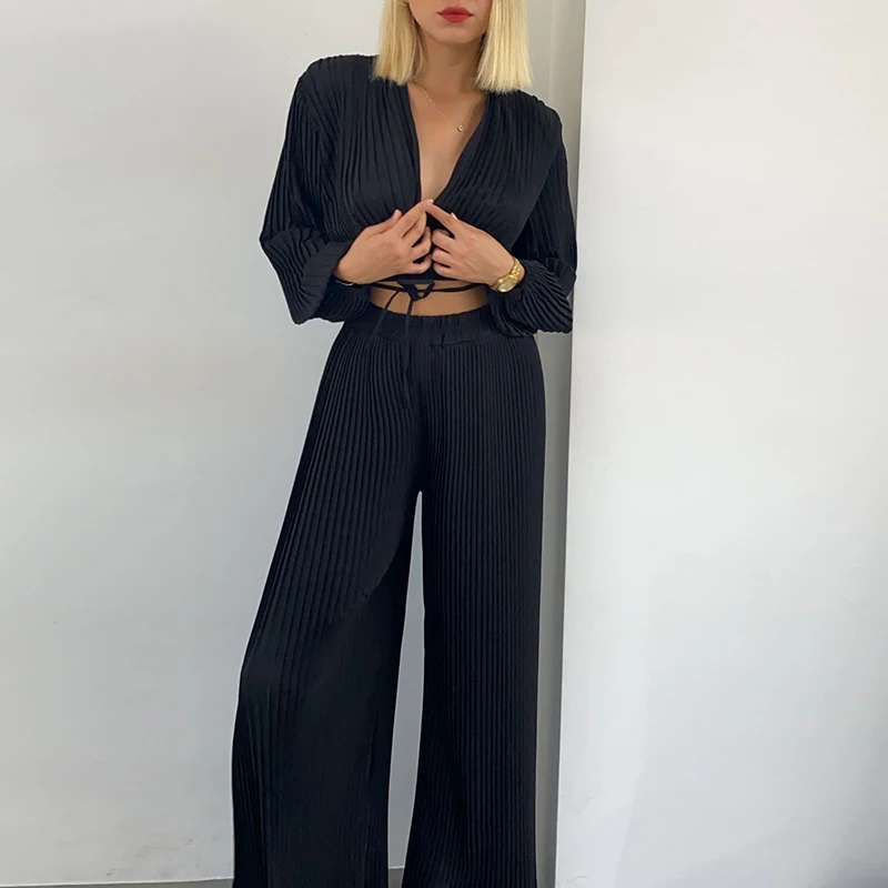 

Элегантный топ с пышными рукавами и V-образным вырезом + широкие брюки с высокой талией, Осенний однотонный плиссированный комплект из 2 предметов, модный простой коммутационный костюм