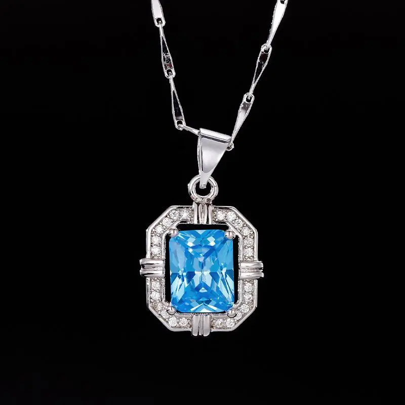 

Fashion Crystal Rectangle Pendant Necklace For Women Jewelry Fashion 925 Sterling Silver Necklace Lady Birthday Gift