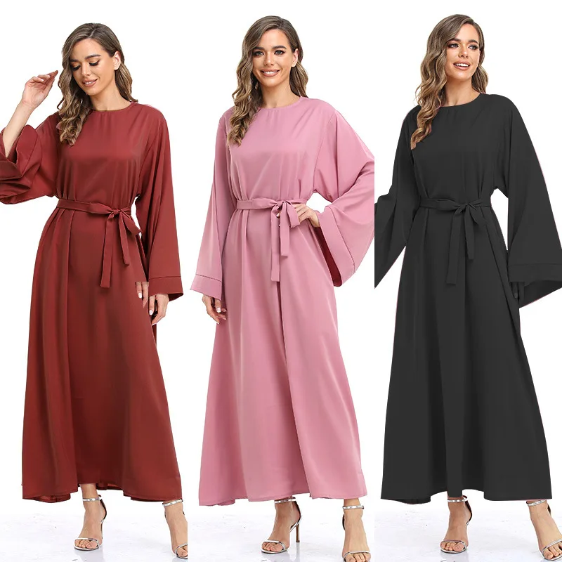 Maxi Dubai Abaya Robes Elegant Muslim Dress for Women Fashion Belted Party Solid Long Sleeve Turkey Plain Islamic Clothing Sets