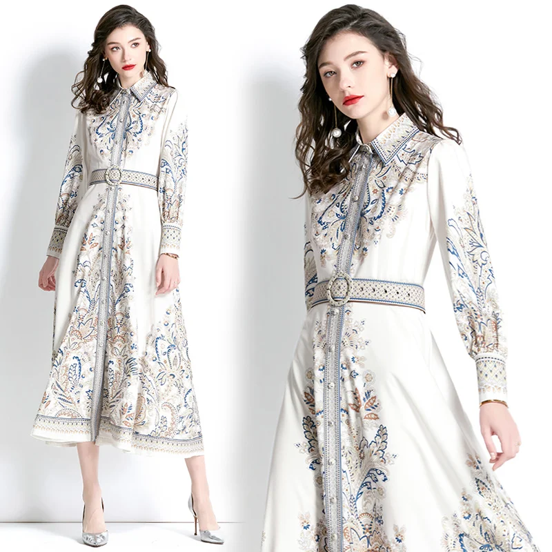 

2023 Spring and summer vintage lapel lantern sleeve long print dress
