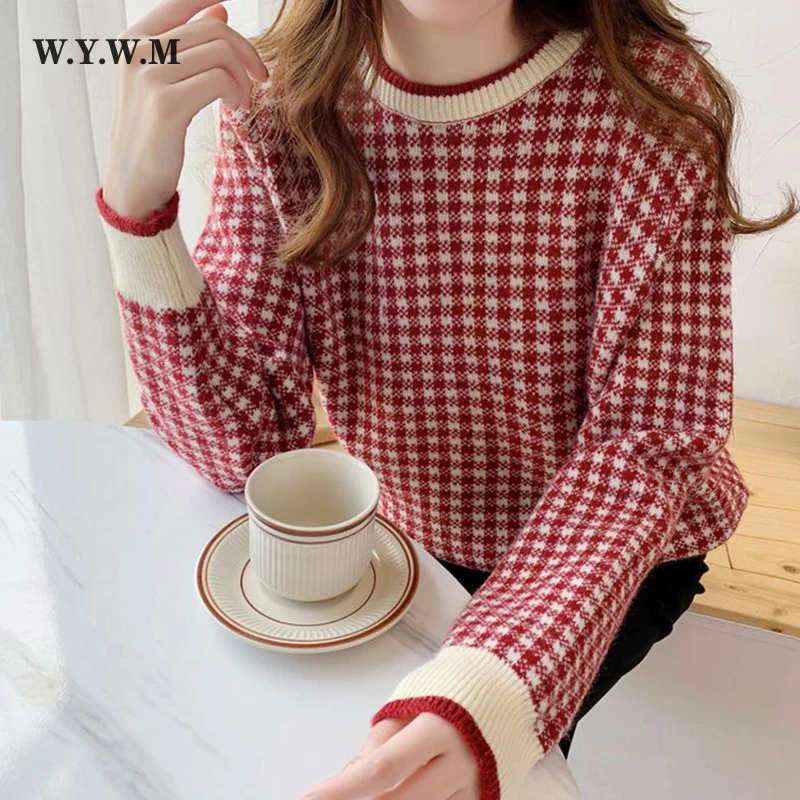 

WYWM Classic O-Neck Plaid Knitted Sweater Women Korean Loose Vintage Pullover 2021 Fall Winter New Long Sleeve Female Clothes