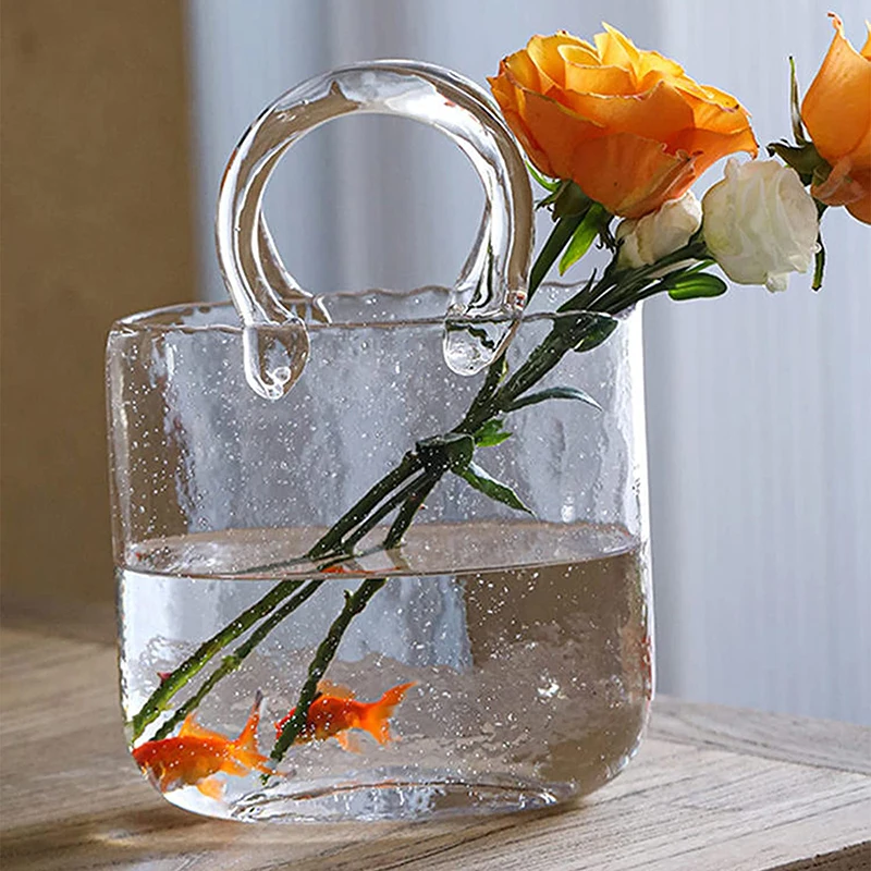 Flower Vase Fish Tank Handbag Shape Transparent Glass Hydroponic Plants Container for Home Office Decor