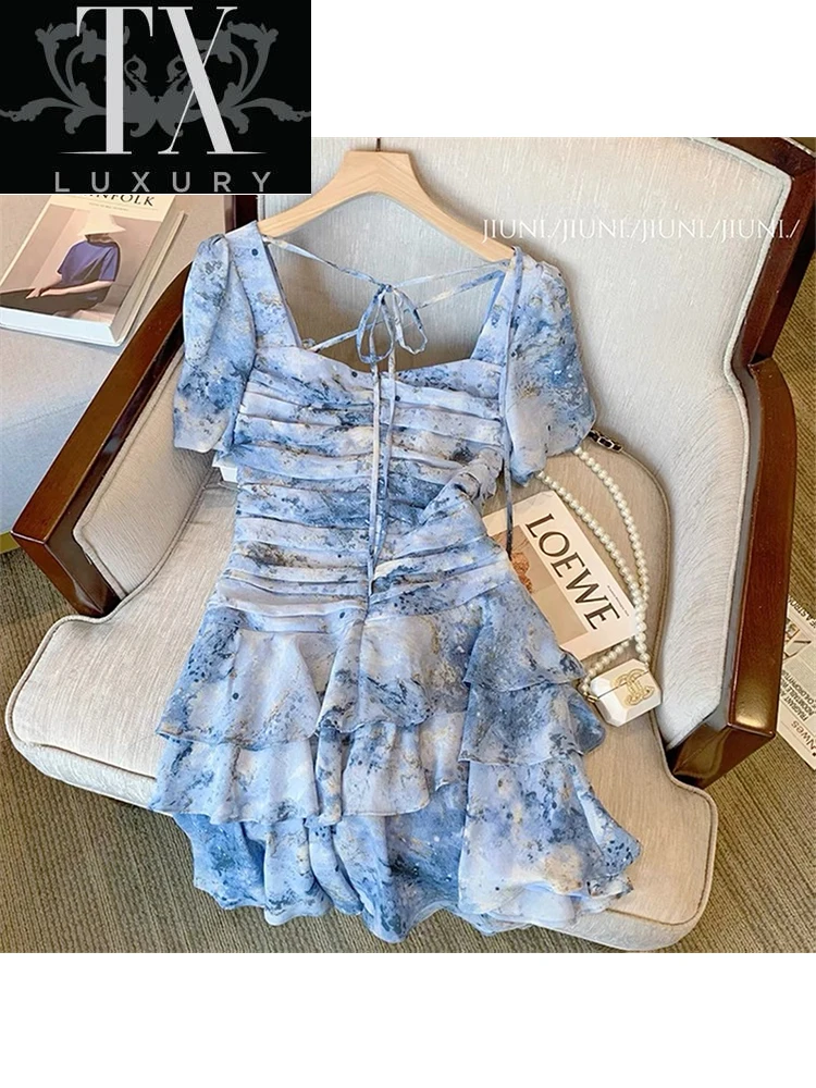 

2022 Summer Women Dresses With Pleated Decoration Sexy Square Collar Short Sleeve Blue Tie-Dye Bodycon Slim Party Vestidos