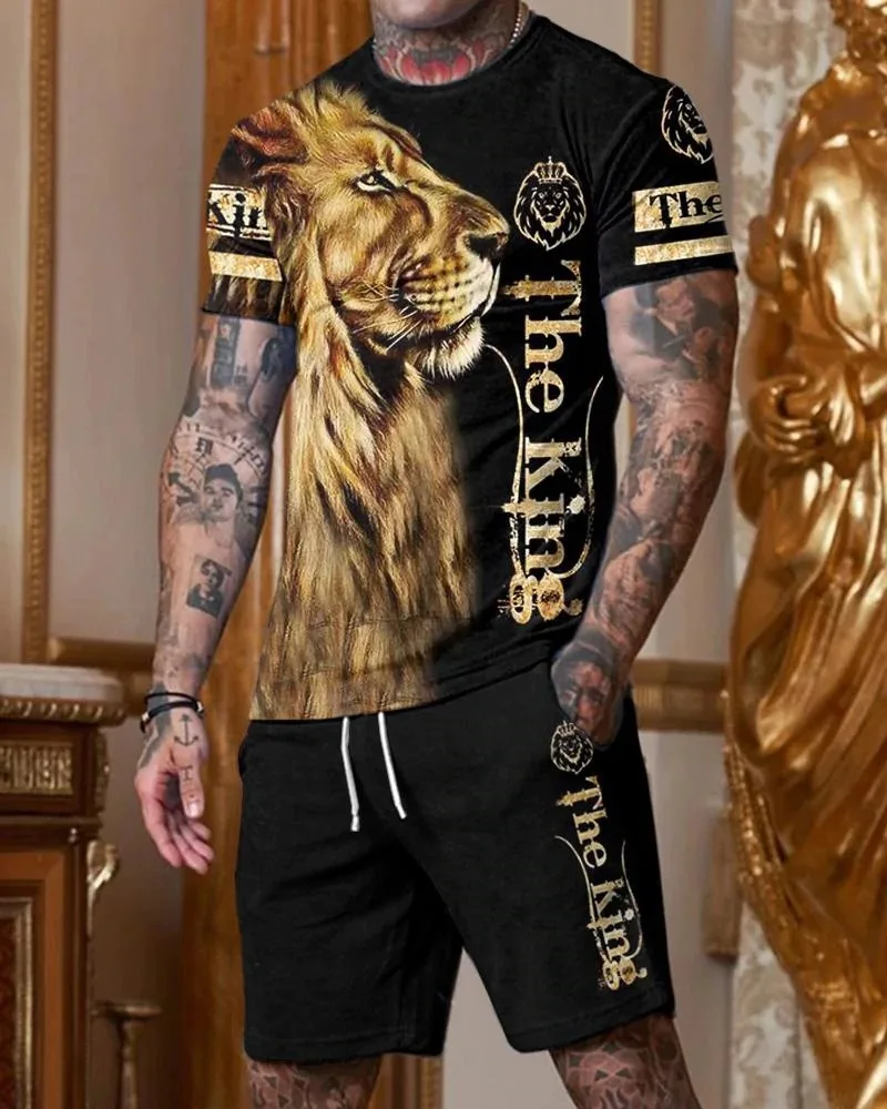 Lion Printed T Shirt Set for Men O-neck 3D 2 Piece Casual Suit 2023 Summer Oversized Men's Tracksuit Sportswear Shorts