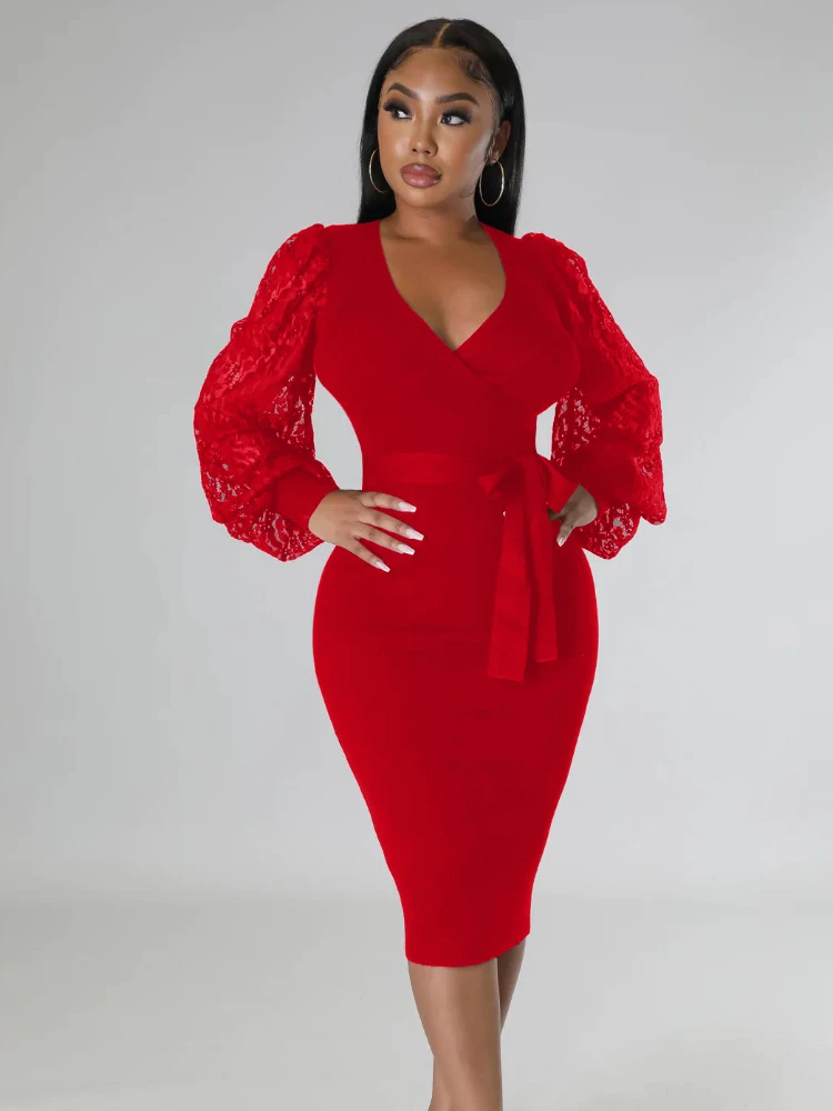 

Lace Patchwork Long Sleeve Dresses for Women V Neck Lace Up Bag Hip Mid-calf 2023 Summer Fashion Lady Evening Party Chic Vestido
