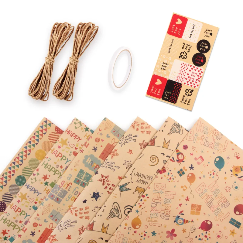 

6pcs Kraft Brown Recycled Gift Wrapping Paper 20x28"/Per with Jute Strings, Stickers and Tags for all Celebrate Occasion