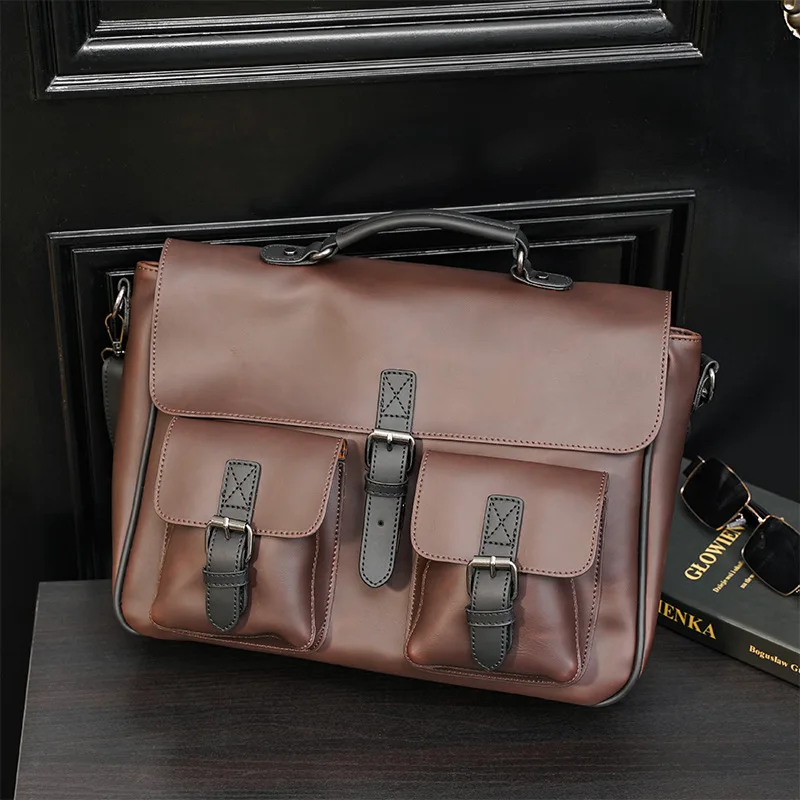 Retro Crazy Horse Leather Men's Shoulder Bag Large Capacity Handbag Casual Crossbody Messenger Bag Daily Male Briefcase