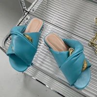 high quality cozy soft leather slides women flat slippers summer outdoor open toe metal buckle designer sandals shoes flip flops