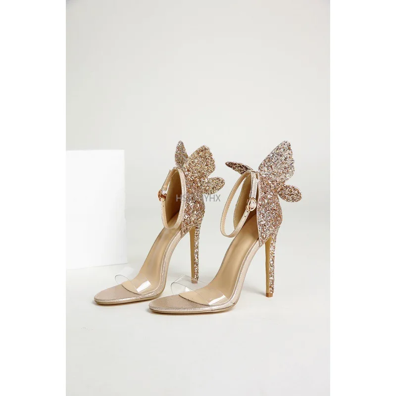 

Summer New Gold Silver Shoes Women's High-Heeled Sandals Sexy Fashion Bling Bow Buckle Stiletto Party Nightclub Pumps 35-42