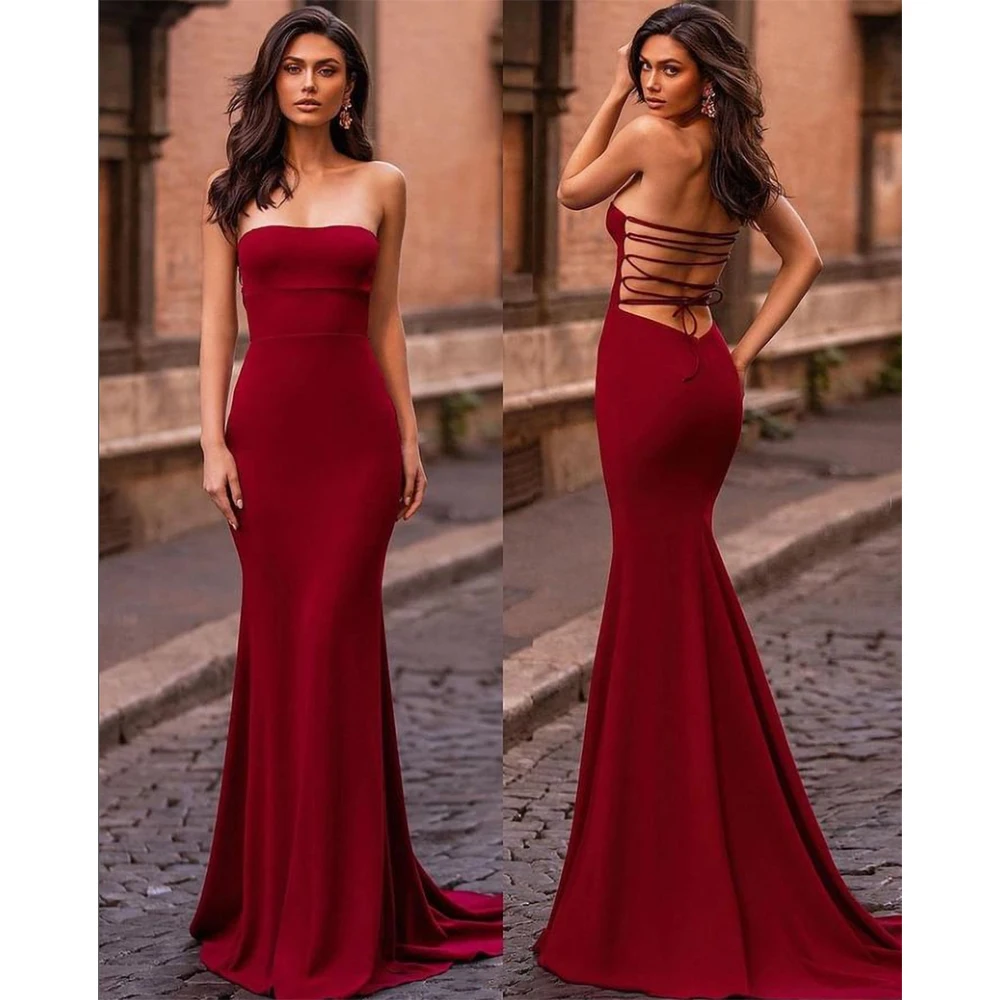 

Женское вечернее платье-русалка, красное плиссированное платье до пола с открытой спиной, без бретелек и рукавов, со шлейфом, лето 2019