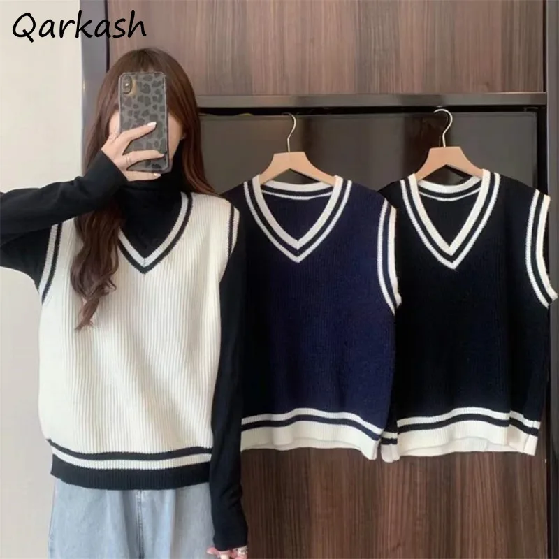 

Sweater Vests Women V-neck Casual Jumper Korean Preppy Style Vintage Simple All-match Feminino Hipster College Student Knitwear