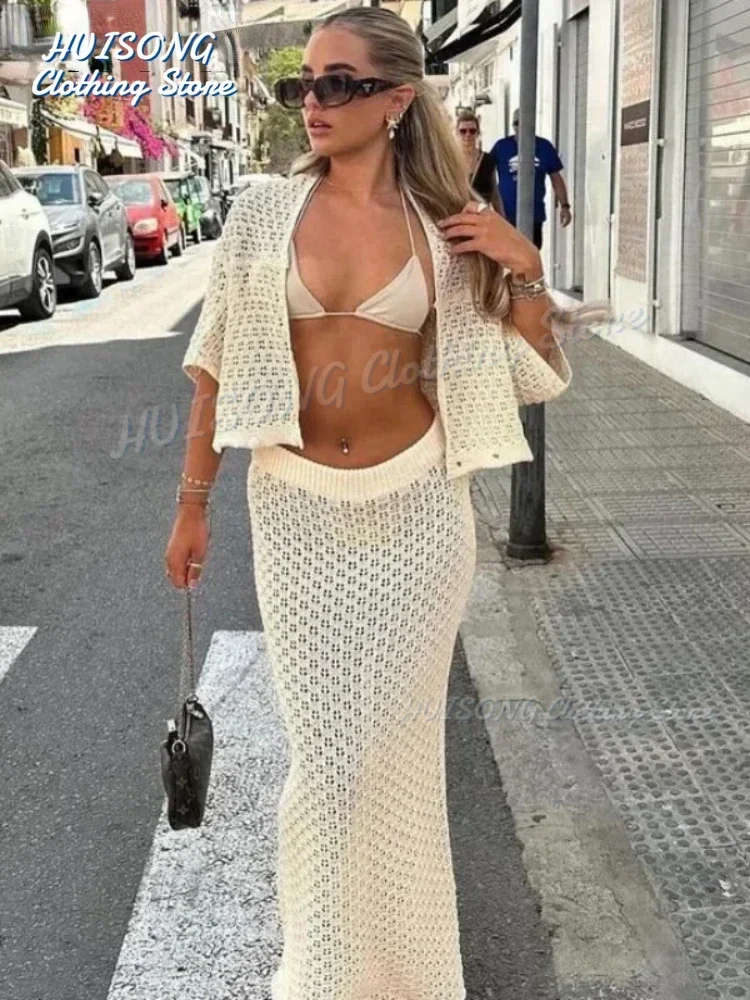 Трикотажный пикантный кардиган с вырезами костюм юбкой Женский облегающий