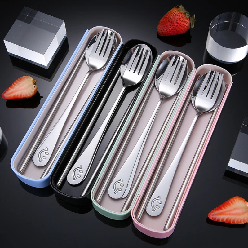 

Stainless Steel Tableware Set Three-piece Portable Chopsticks Spoon Fork Set Single Storage Box Dinnerware Set Silverware Set