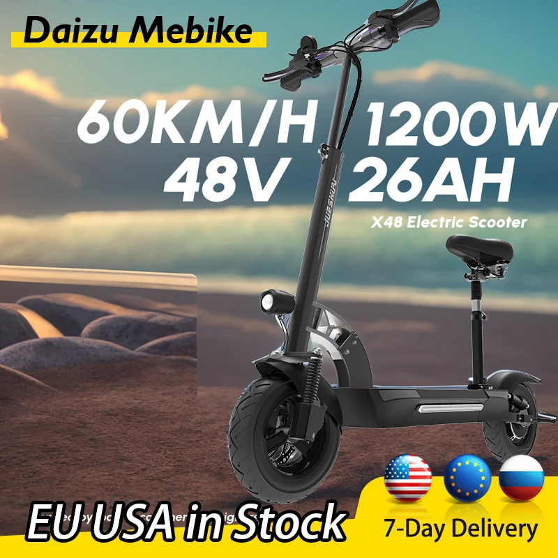 

60KM/H 100KM E Scooter for Adult 1200W 48V 26AH 10 Inch street Tires Scooters Electric Folding Shock Absorption LCD Waterproof